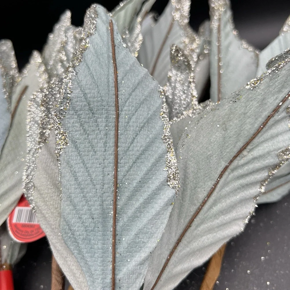 10 CHRISTMAS Poinsettia Sea Aqua Blue Silver Glitter Tree Decor Floral Pick Stem